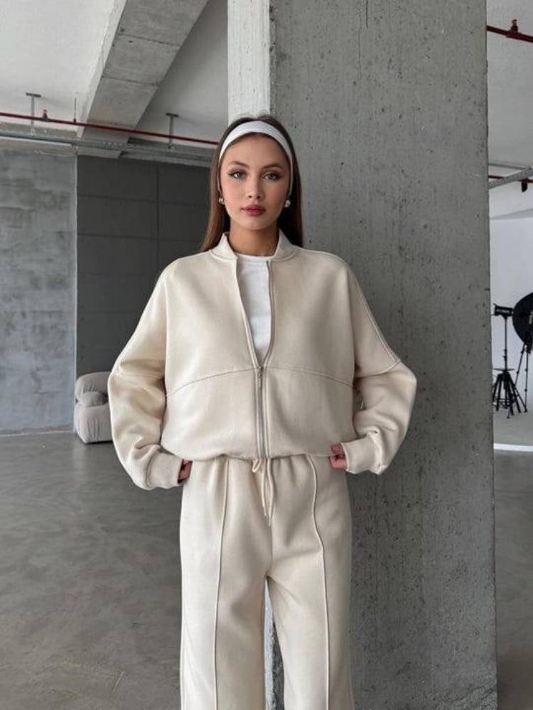 2025 Winter Plus Velvet Women's Solid Color Hoodie & Pants Set - Japanese Korean Casual Style