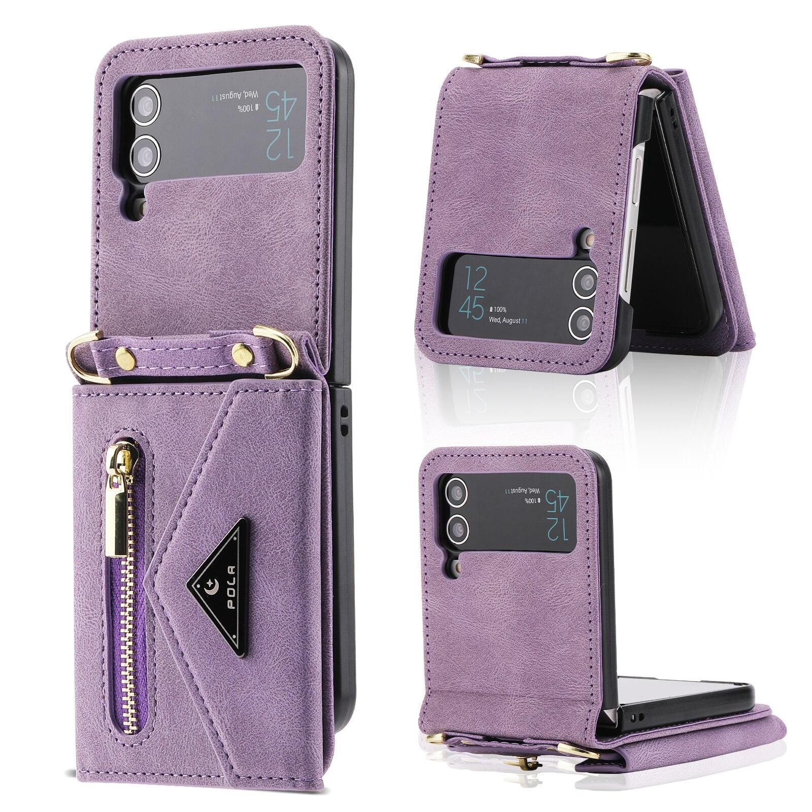 

Шкіряний чохол для Samsung Flip4 Galaxy Z Flip 4 Z Flip 3 5G Vintage з довгим шнурком і 3 слотами для карток Samsung Z flip 3 фіолетовий