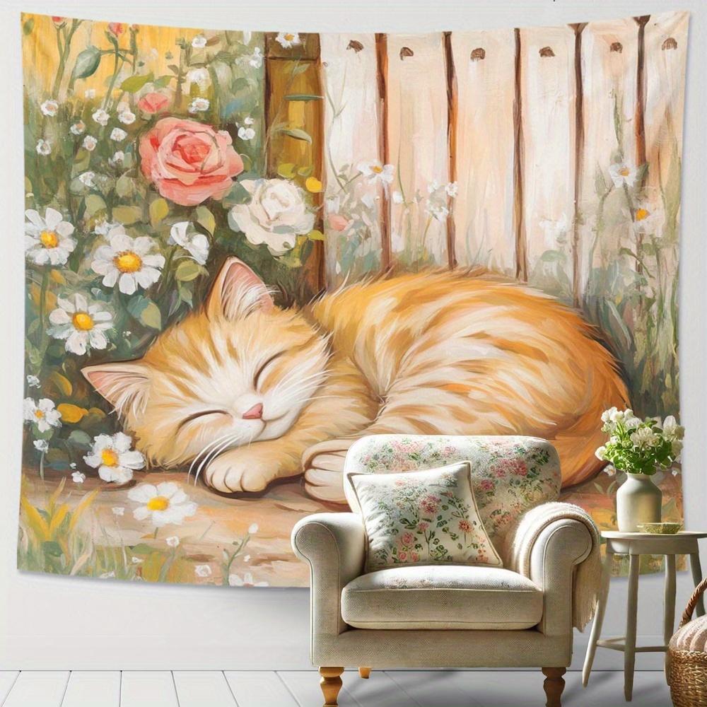 Cozy Cat In Garden Tapestry Charming Floral Wall Art for Bedroom or Living RoomLarge Decorative HangingAdd Warmth and Comfort