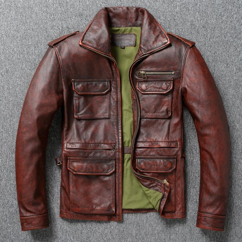 Chinese Size Vintage Red Brown Men Leather Jacket M65 Hunting Flight Jacket Genuine Cowhide Coat Autumn