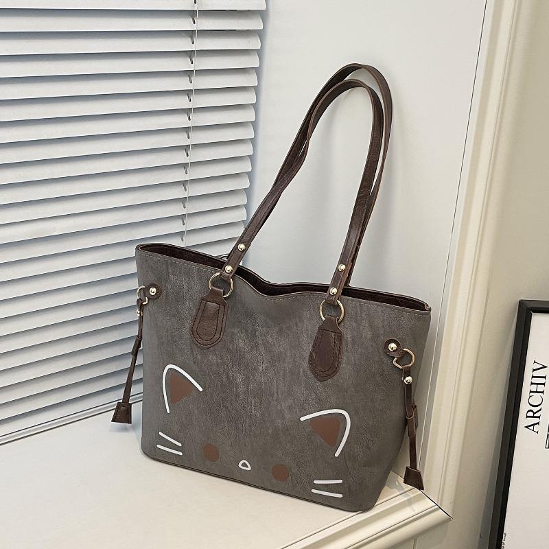 2 cartoon kitten print shoulder bag fresh and cute casual women s bag commuter daily fashion tote bag