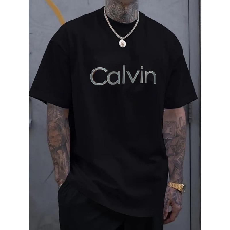 Мужская большая черная футболка с принтом логотипа Calvin - Повседневный уличный стиль, подходит для Пасхи, Хэллоуина, Дня благодарения и т. д. S
