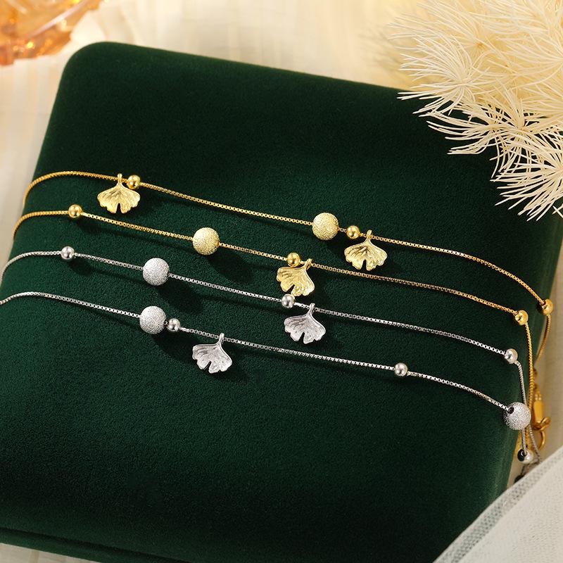Banyan Tree S925 Silver Apricot Sand Bead & Ginkgo Leaf Double-Layer Anklet for Women