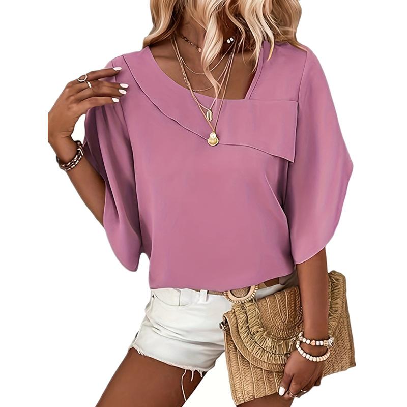 Camicetta semplice con collo asimmetrico solido, camicetta elegante a mezza manica per la primavera e l'estate, abbigliamento da donna
