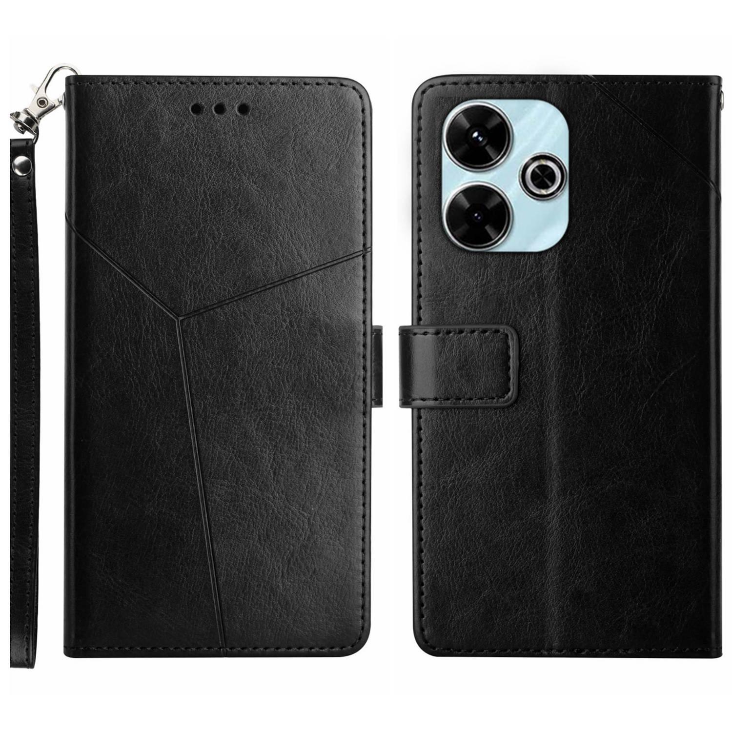 

For Xiaomi Redmi 13 5G/13 4G Case with Wrist Strap Y Shaped Lines Imprint Leather Phone Cover Black