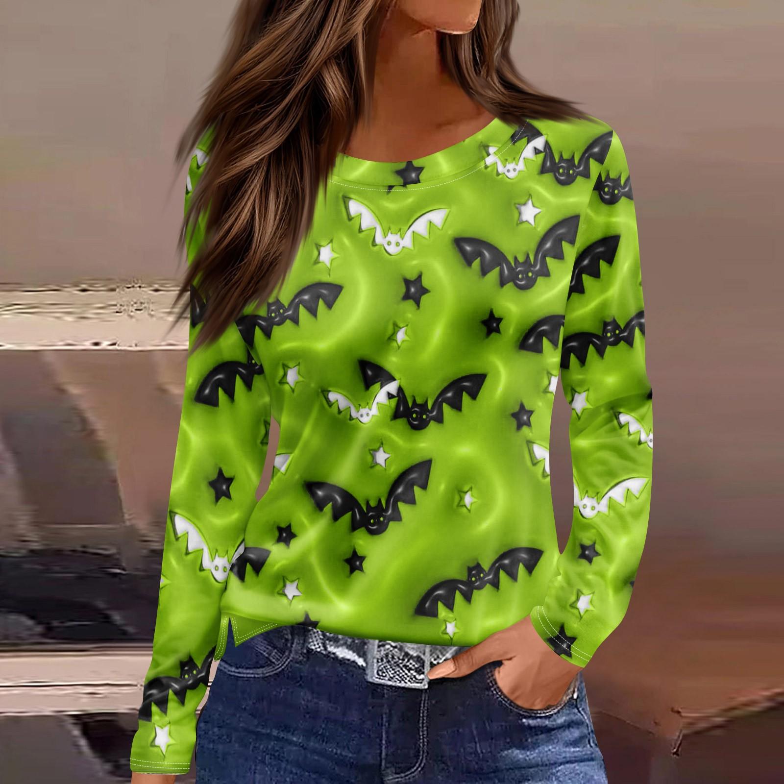 

Женская модная повседневная футболка с разрезом по подолу, принтом на Хэллоуин, круглым вырезом и длинным рукавом XL