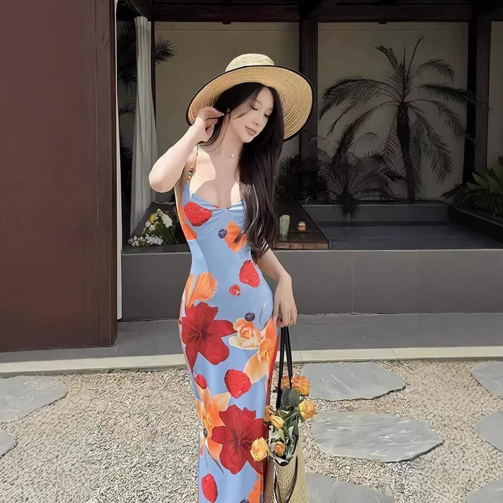 Island Vacation Style Printed Camisole Dress for Women, New Dopamine Style, Sexy Backless Body-hugging Dress