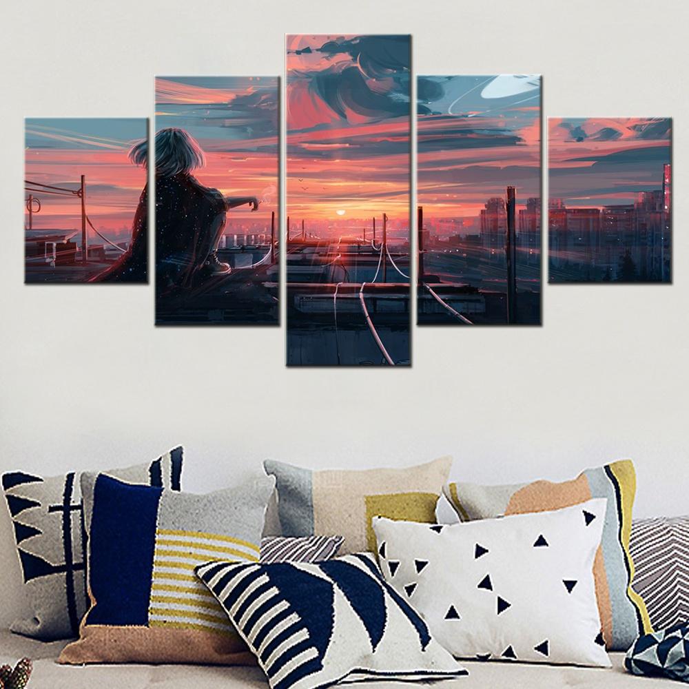 5 Pieces Canvas Wall Arts Cityscapes Poster Painting Far From Tomorrow Wallpaper Home Decor Picture Print Living Room Artwork