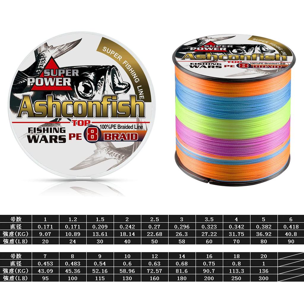 Ashconfish PE Fishing Ultra High Abrasion Low Multicolor Line, 8-Strand, 1000m, Strong, Sensitivity, Resistant, Stretch,
