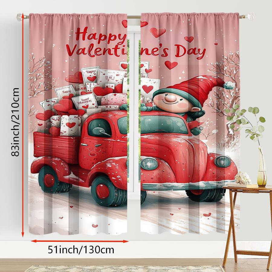 Set Of 2 Happy Valentine Day Gnome Red Truck Curtains Perfect Festive Window Decor Curtain Made Polyester With Rod Pocket