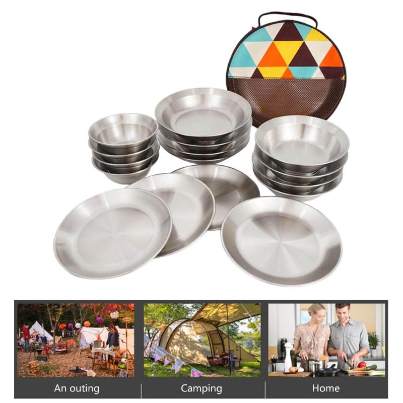 Set of 16 Stainless Steel Camping Plates Outdoor Dinnerware Barbecue Tableware Travel Friendly Meal Plate Cookwares