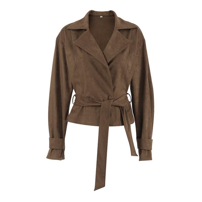 Womens Faux Suede Wrap Tie Coat 2026 Fall Winter Vintage Commute Blazer Collar Jacket