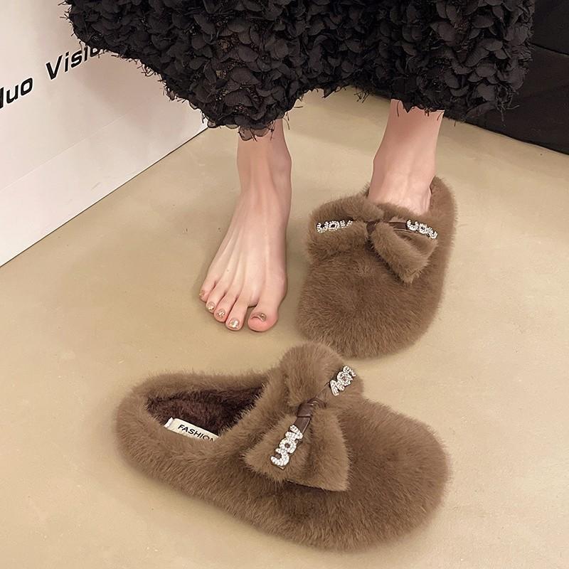 Baotou Half-towed Fluffy Slippers for Women's Outer Wear 2025 Autumn and Winter New Beautiful Super-fire Plush Flat-bottomed Warm Cotton Slippers