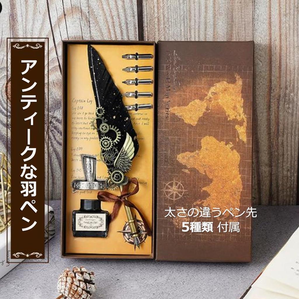 dilib Black Feather Dip Pen Set with 5 Nibs, Ink Bottle and Pen Stand