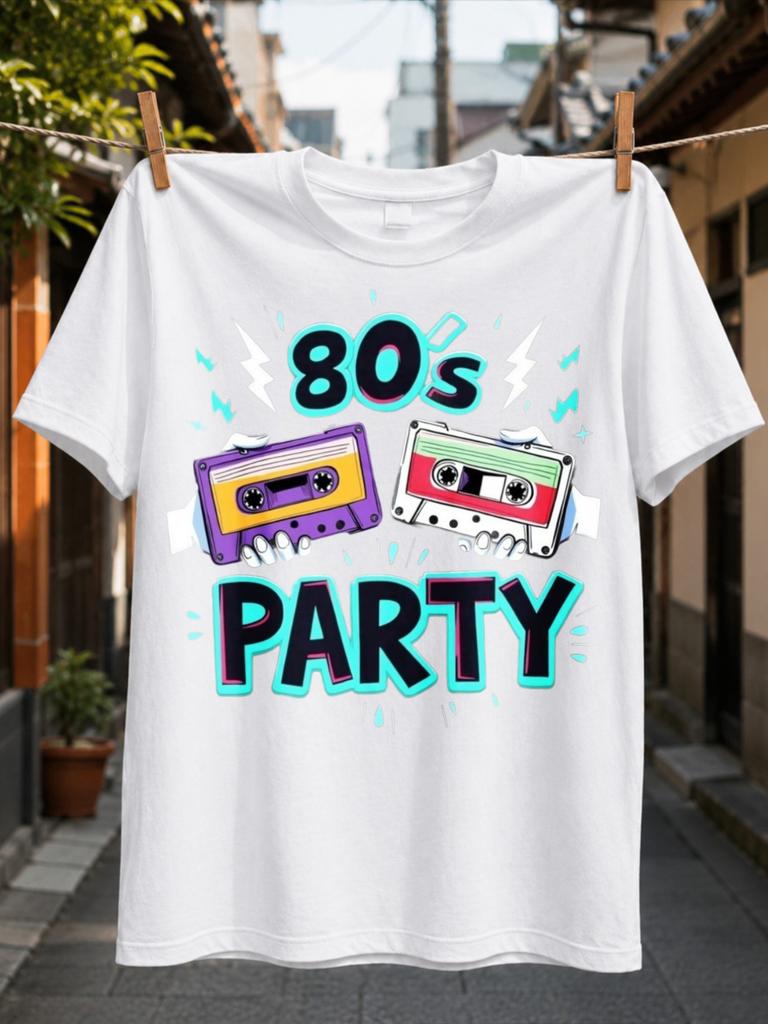 80s Party Neon Turquoise Pink Purple Typography With Two Cassette Tapes Cartoon Hands Lightning And Unisex All TShirt