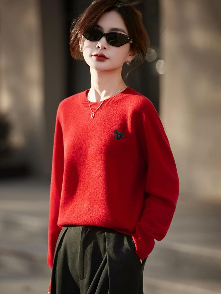 Women's 2026 Year of the Horse Red Wool Sweater - Lucky Knitwear