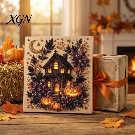 Interactive Parent Child Crafts Halloween Faux Pearl Art Kit, Pumpkin Ghost DIY Painting Theme Bead 3D Craft Set for Adults, Handmade Wall Stress
