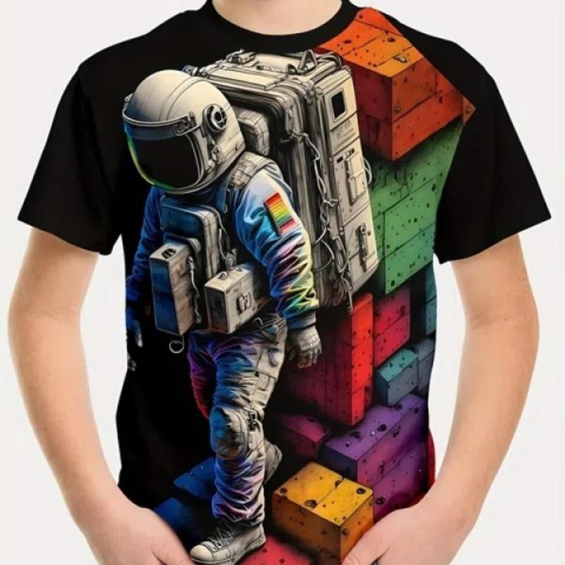 

Креативная футболка с принтом астронавта для мальчиков, повседневный легкий и удобный топ с короткими рукавами, летняя детская выходная одежда 160