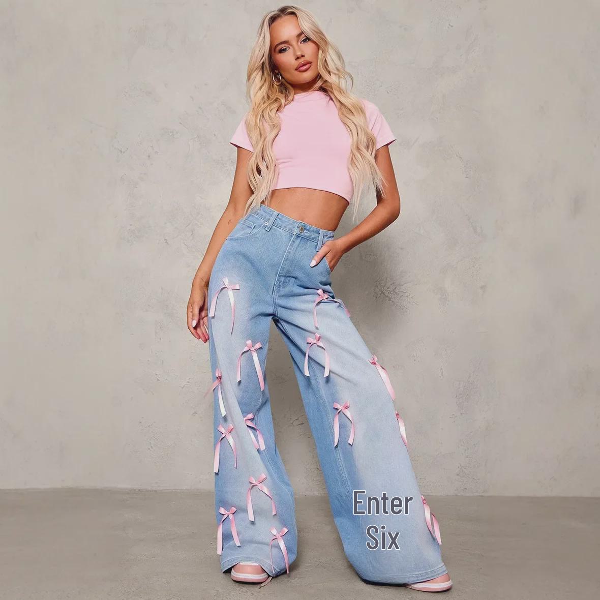 

European & American High Waist Distressed Wide Leg Bow Jeans for Women L синій