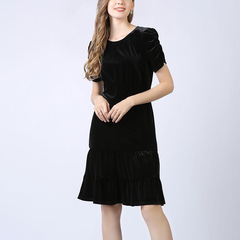

Pleated Short Sleeves Gold Velvet Fashion Plus Size Ladies Slimming Dress Black L