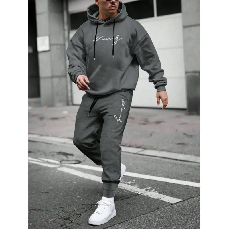 Mens Hooded Oversized Cotton Sweatshirt Set Long Sleeve Top Pants Fall Casual Sportswear