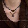 Retro Temperament Geometric Ellipse Tiger's Eye Stone Double Layer Leather Rope Fold Wear Necklace for Women Chokers Jewelry