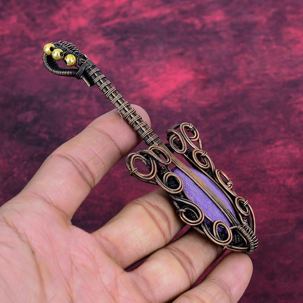 Purpurite Gemstone Pendant Copper Wire Wrapped Pendant Guitar Handmade Pendant