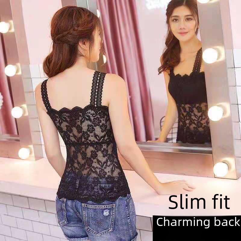 Lace Trim Underwear Camisole with Chest Pads - Women's Versatile Anti-Exposure Long Bra