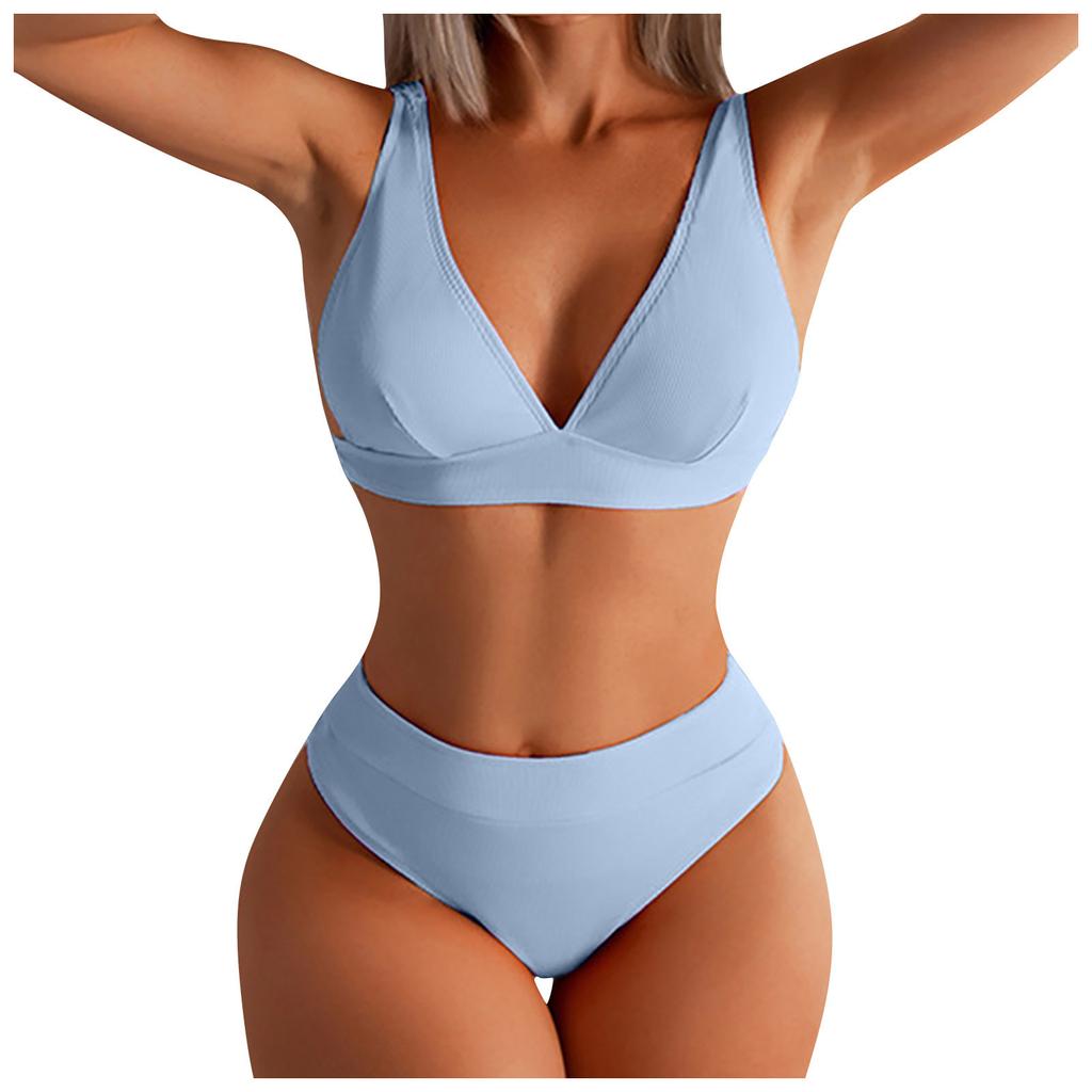 Women's High Waist Two Piece Bikini Set with Padded Bra and Wireless Support Textured Fabric Swimsuit Beachwear
