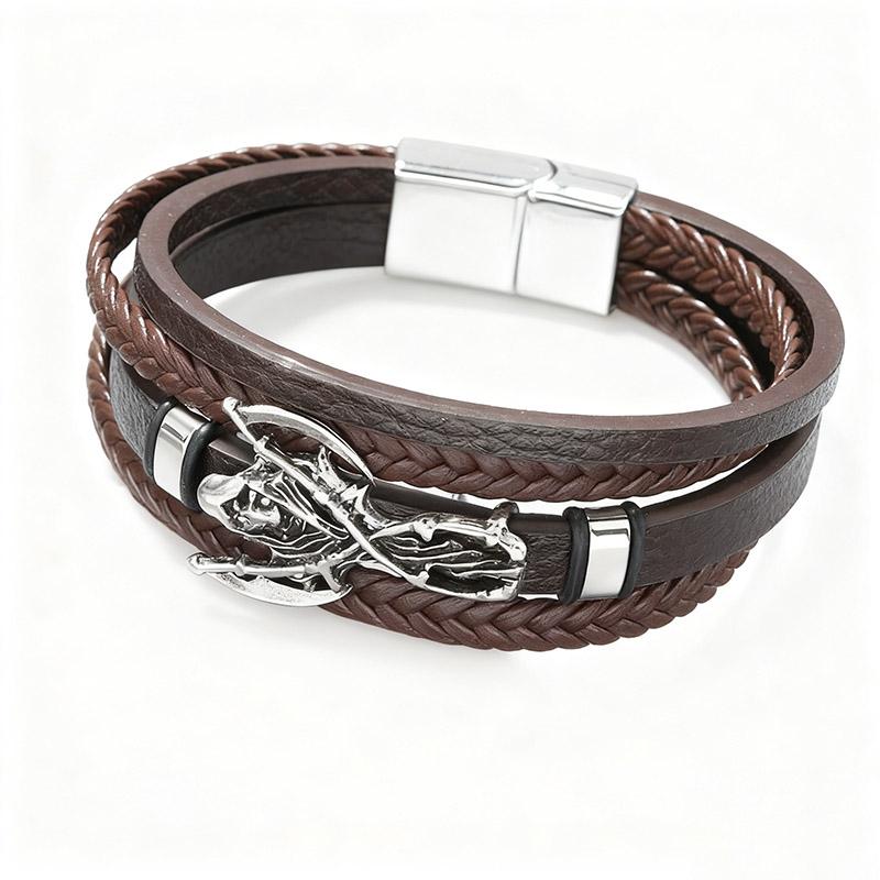 Мужской ретро-браслет Панк Череп Топор Плетеная кожаная браслет Застежка Черный/Коричневый Готический Рок Мотоциклист для Повседневной Вечеринки Подарка 21cm