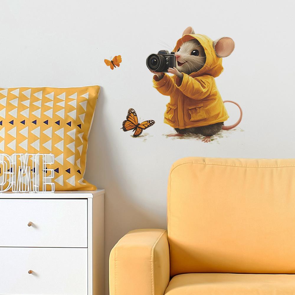 Cartoon Kamera Maus und Schmetterlinge Wandaufkleber für Schlafzimmer Wohnzimmer Eingangsbereich Abnehmbar Selbstklebend Heimdekoration