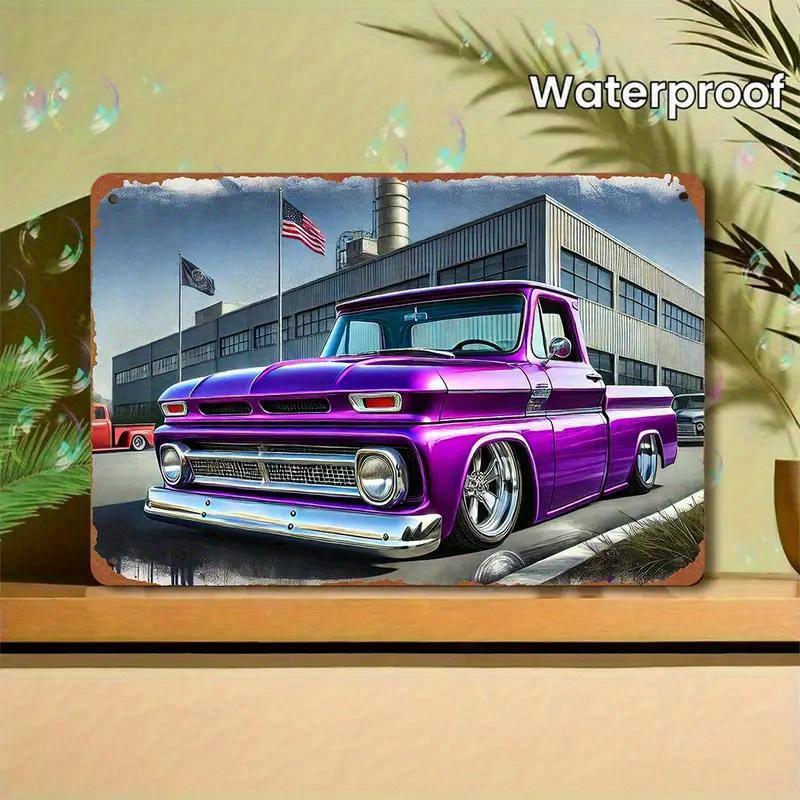 

Vintage Purple Pickup Truck Metal Sign Retro Industrial Wall Art Decor Durable Iron Metal Sign with American Flags Classic 20x30cm（7.8x11.8inch）