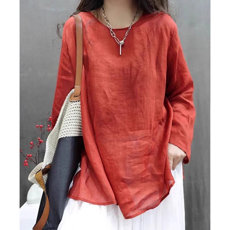 Leichtes Retro-Damen-Langarm-Hemdblusenkleid aus Baumwoll-Leinen