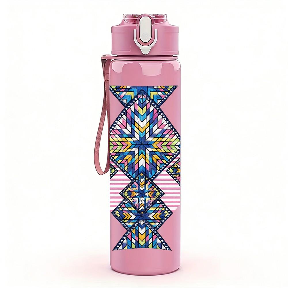 1PC Ethnic Geometric Tribal Pattern Print 750ml Color Plastic Sports Water Bottle Leakproof Flip Straw Lid Suitable for Sports Office Home Use