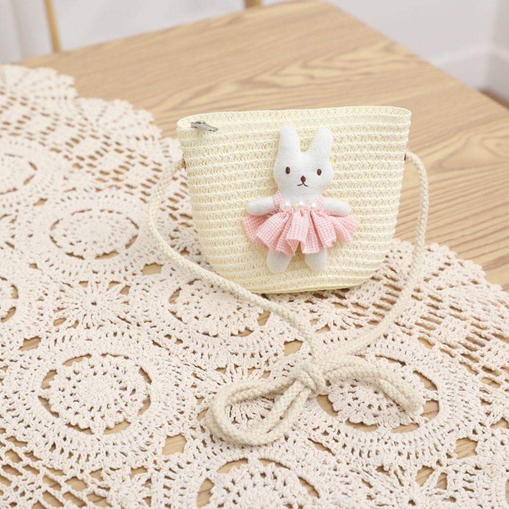 

Cute Cartoon Bunny Mini Straw Bag Handmade Woven Zipper Kid Messenger Bags Coin Purse Photo Props Storage Basket