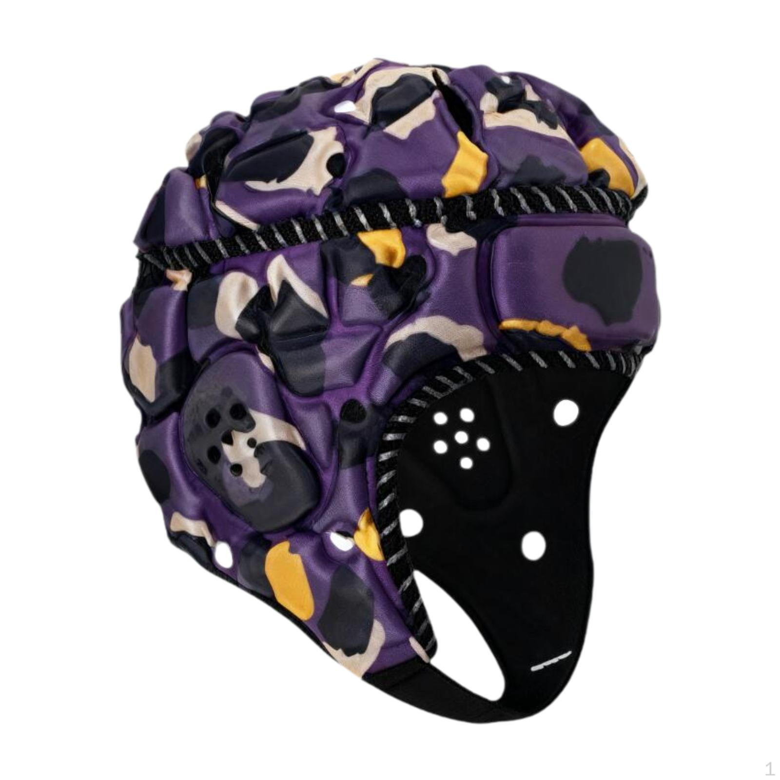 

Rugby Helmet Football Adjustable Scrum Cap Sports Headguard for Match Training Purple Yellow