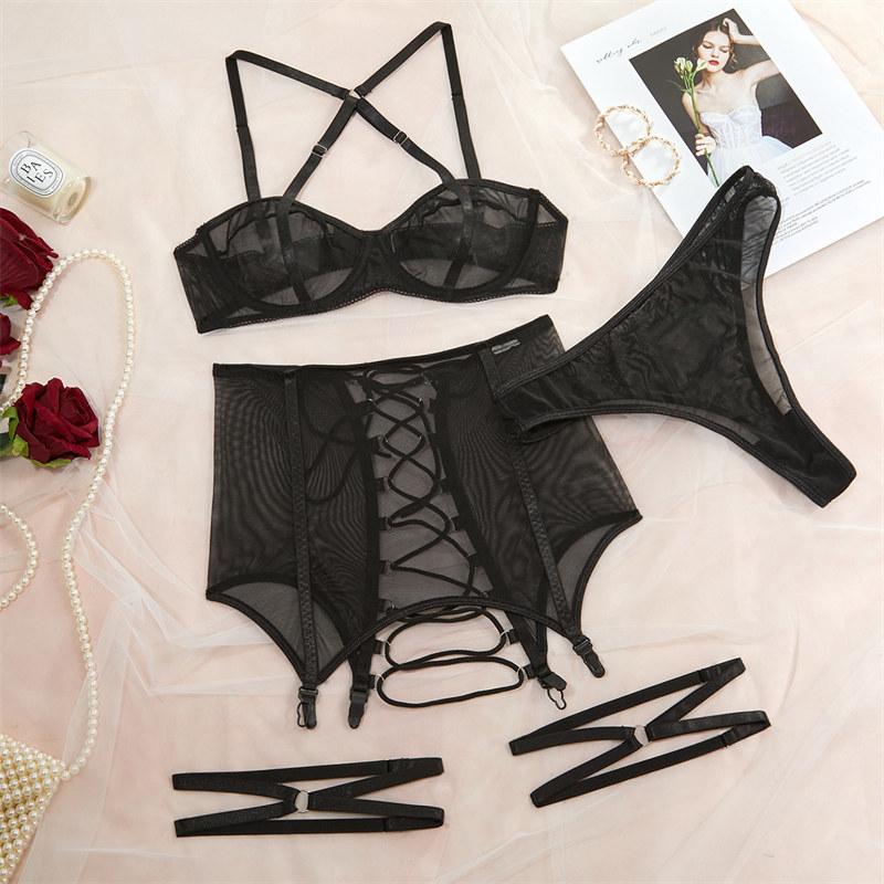 Ladies Sexy Lingerie Set New Lace Mesh See-Through Thin Erotic Underwear Bra Garter Leg Ring Panties Women Adult