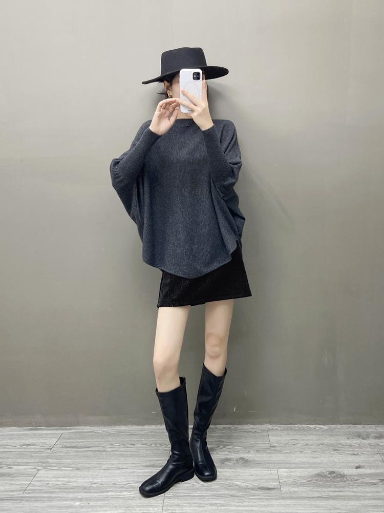 Women's European-Style Loose One-Shoulder Cashmere Sweater - Soft, Versatile Batwing Knit Pullover for Autumn/Winter