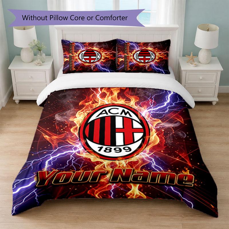 Set Biancheria da Letto Personalizzato AC Milan con Nome Testo 1 Copripiumino+2 Federe Logo Calcio Regalo Personalizzato per Occasioni Speciali Decorazione Camera da Letto