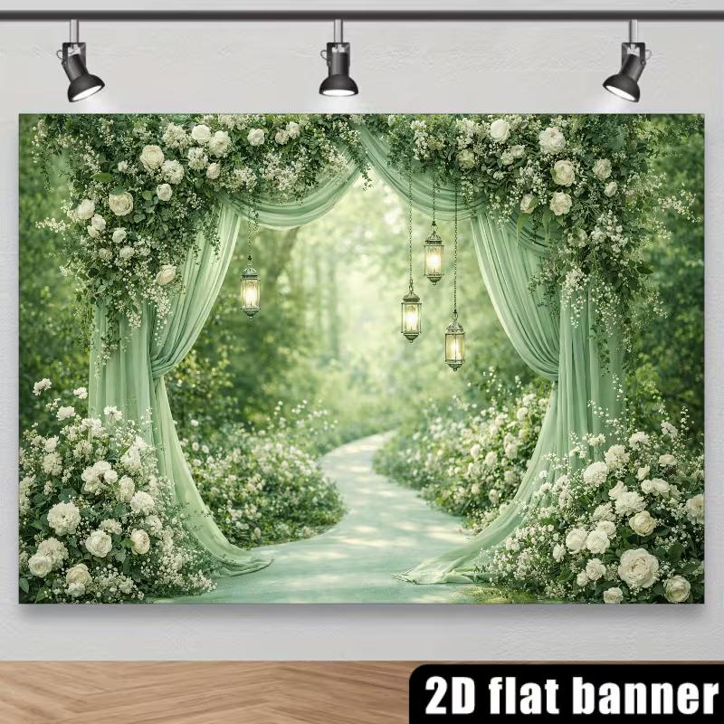 2D Grüne Florale Hochzeitskulisse, Weißer Rosenvorhang Foto Hintergrund Banner