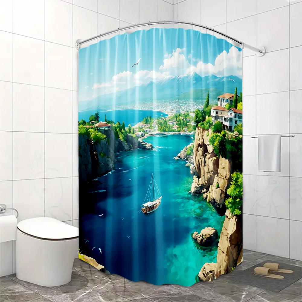 

1Pc Coastal Bathroom Shower Curtain - Extra Large Inches Ocean Cliffside Boat Scene With Turquoise Waters Digital Printing W60H190(CM)-1 Pcs