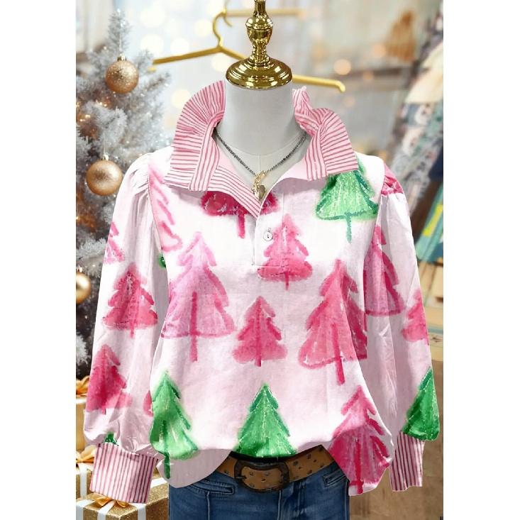 Women's Retro Christmas Pattern Blouse - Turn-Down Collar Long Sleeve, Loose Casual Silhouette, Festive Gift Tree Print Top Suitable for Fall/Winter