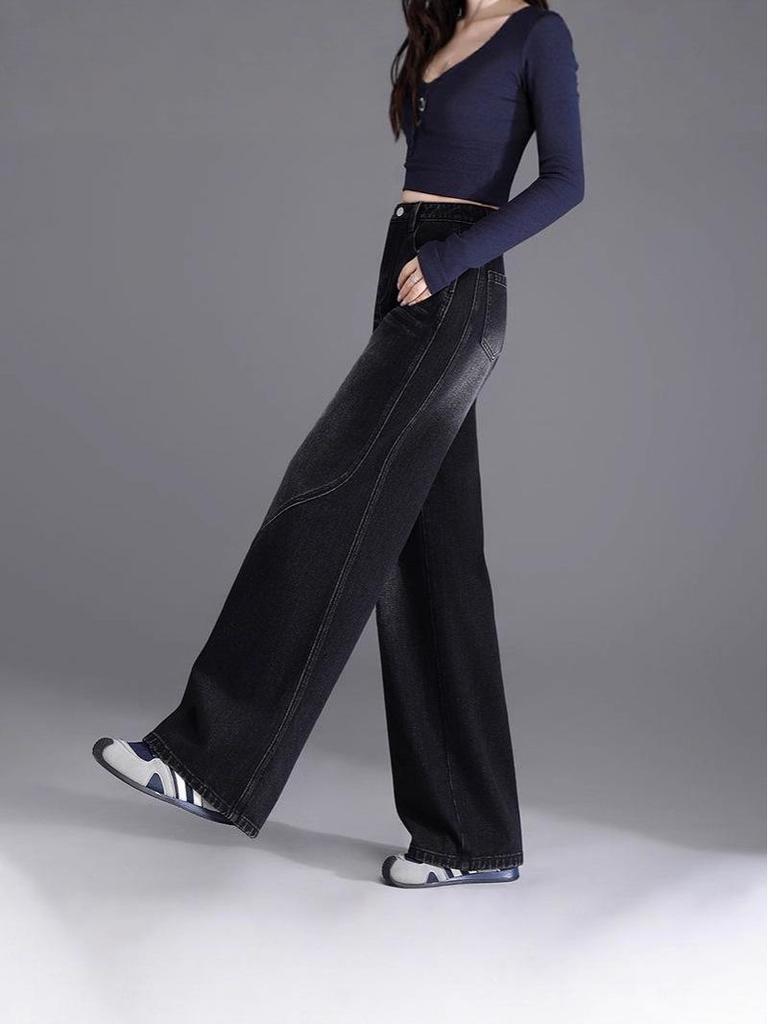 Women's High Waist Velvet Straight Leg Jeans - 2025 Trendy Narrow-Wide Pants for Autumn & Winter
