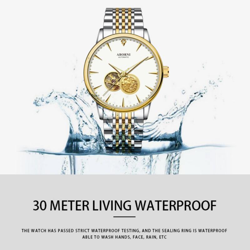 ABORNI Automatic Mechanical Watch Skeleton Gold Dragon Waterproof Luminous Diamonds Men's Watch