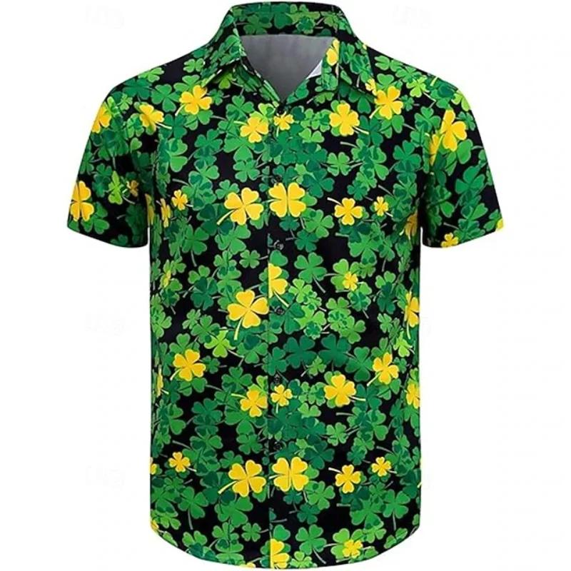 3D Print St Patrick Green Hawaiian Shirts For Men Casual Short Sleeve Button Up Surfing Shirt Tops Men's Beach Shirts Clothing
