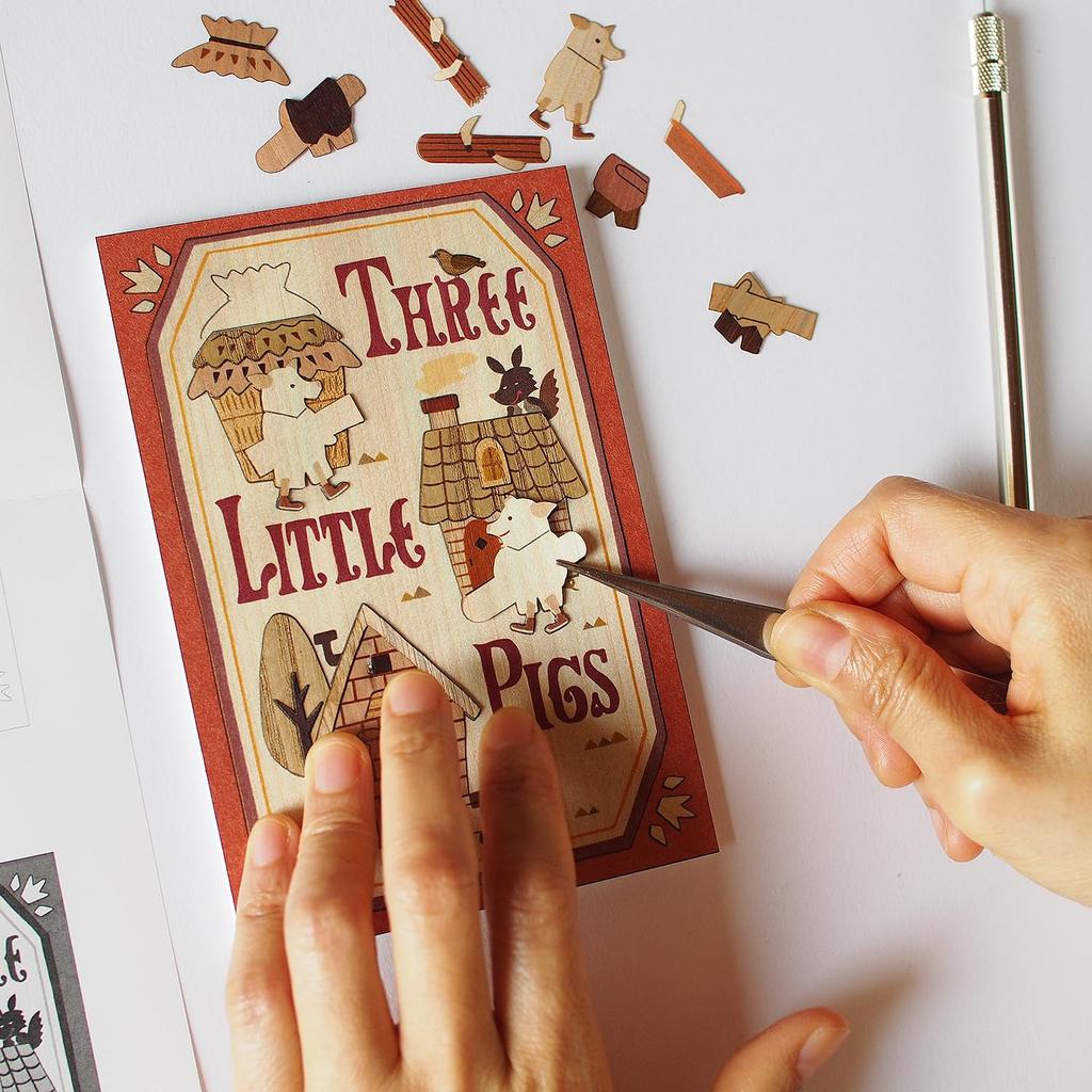 KINOWA "The Three Little Pigs" Wood Collage Original DIY Kit - Fairy Tale (Grimm's Fairy Tale) - Made In Japan