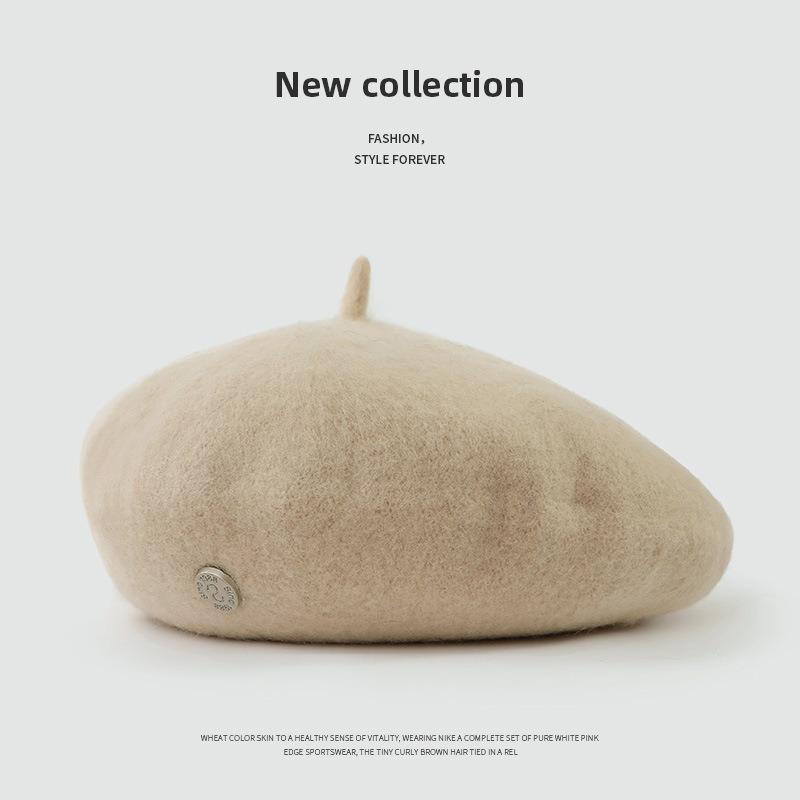 Wool Beret Hat Women's Autumn and Winter Big Head Circumference British Retro Octagonal Painter Hat