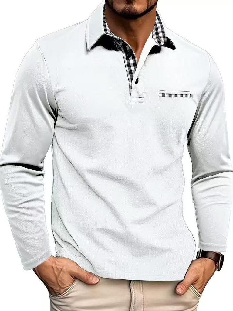 2026 New European and American Men's Casual Fashion Long-sleeved POLO Shirt, Foreign Trade Lapel Long-sleeved Color Matching T-shirt