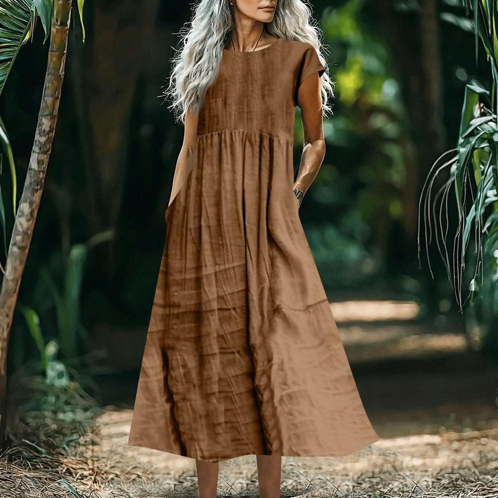 Women's Fashionable Solid-color Cotton And Linen Sleeveless Loose Pocket Dress