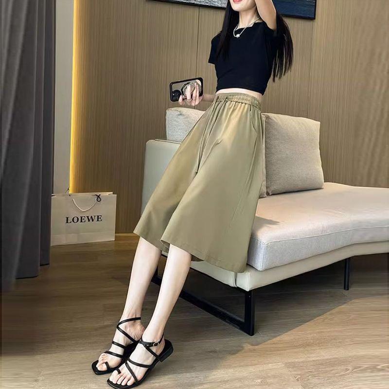 

Plus Size Women s Summer Three-Quarter Wide-Leg Drape Pants Skirt - Loose, Slimming, Versatile, Casual and Trendy. 4XL чай зелений колір